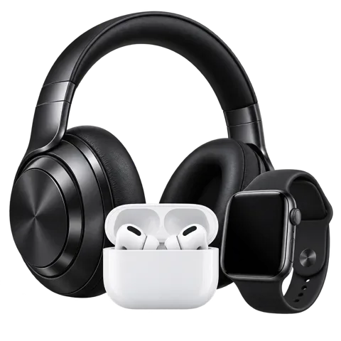Over-ear headphones, wireless earbuds and a smartwatch
