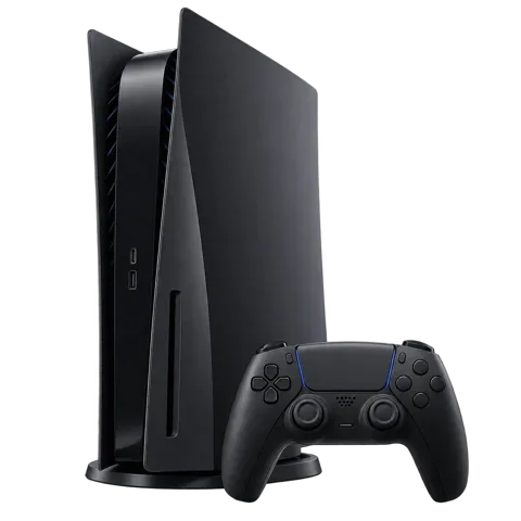 A black game console with a controller