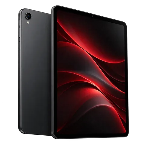 A black tablet with a red and black screen